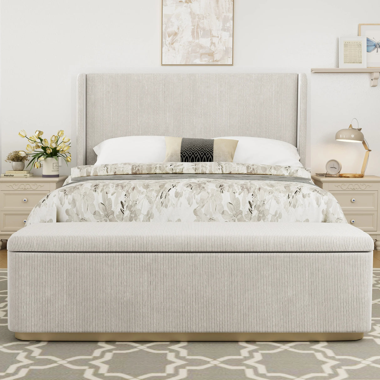 King Bed Corduroy Upholstered Storage Ottoman Light Grey - Furniture Home Direct