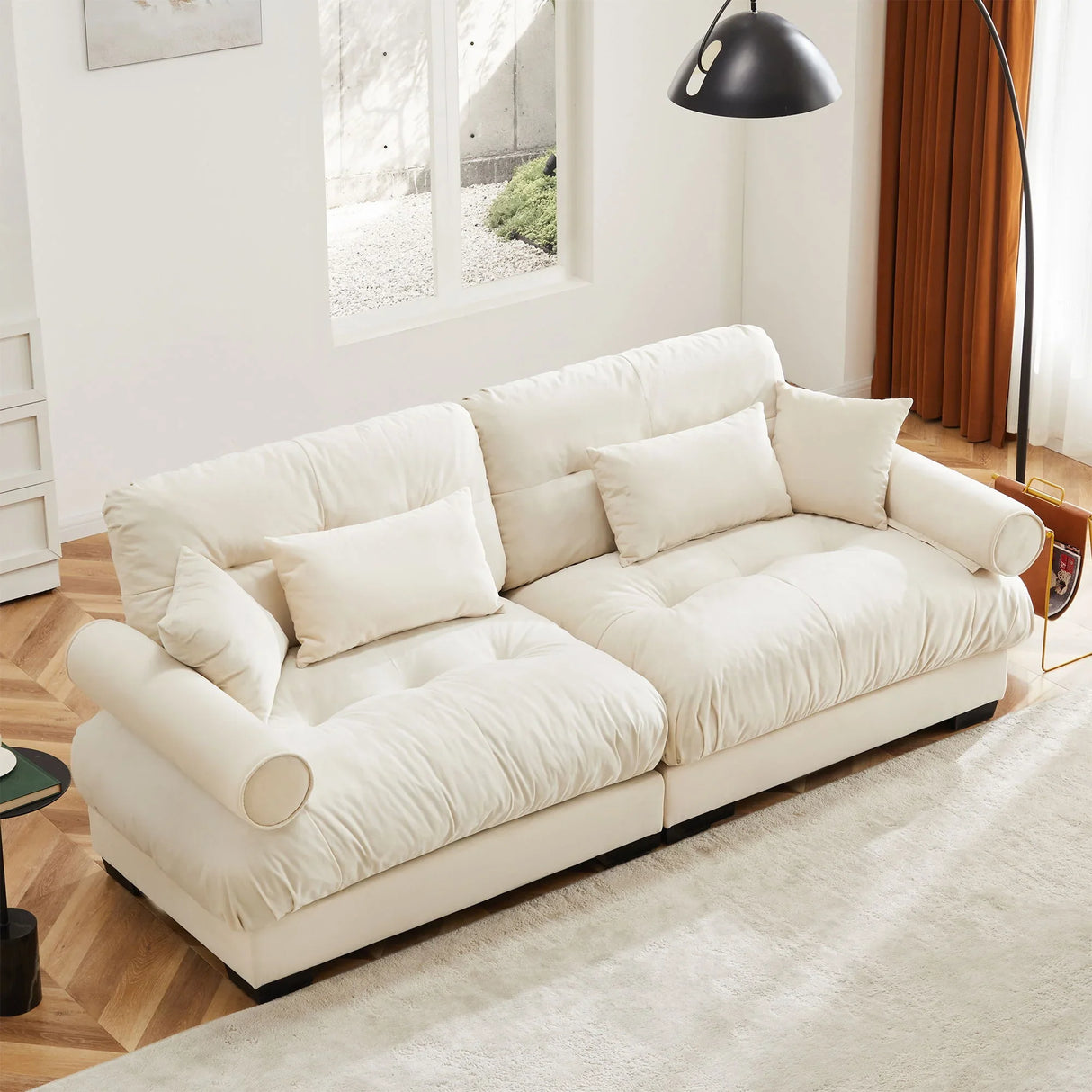 Modern Velvet Sofa With Bolstered Armrests And Pillows - Furniture Home Direct