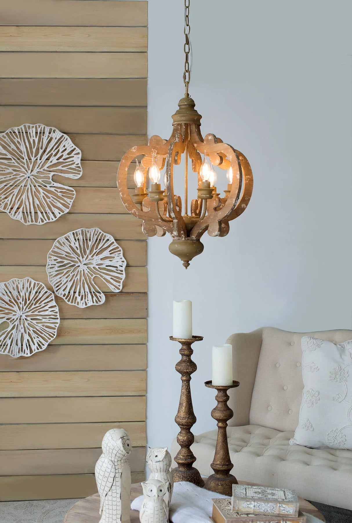 Farmhouse Chandelier, 6 Light Wood Chandelier Pendant Light Fixture With Adjustable Chain For Dining Room Living Room Entryway, Bulb Not Included - Furniture Home Direct