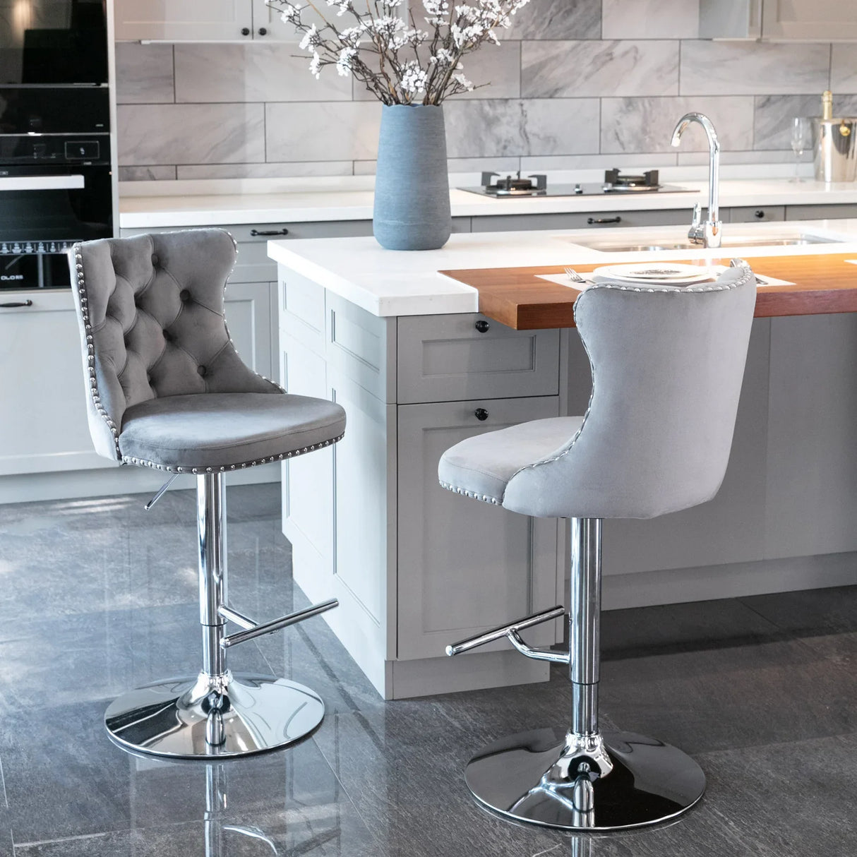 Counter Height Bar Stools Velvet Tufted Back Chrome Gray - Furniture Home Direct