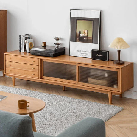 TV Cabinet With Chinese Changhong Glass Doors, Two Drawer Storage Space TV Standing - Cherry - Furniture Home Direct