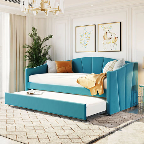 Upholstered Daybed Sofa Bed With Trundle Bed And Wood Slat - Furniture Home Direct