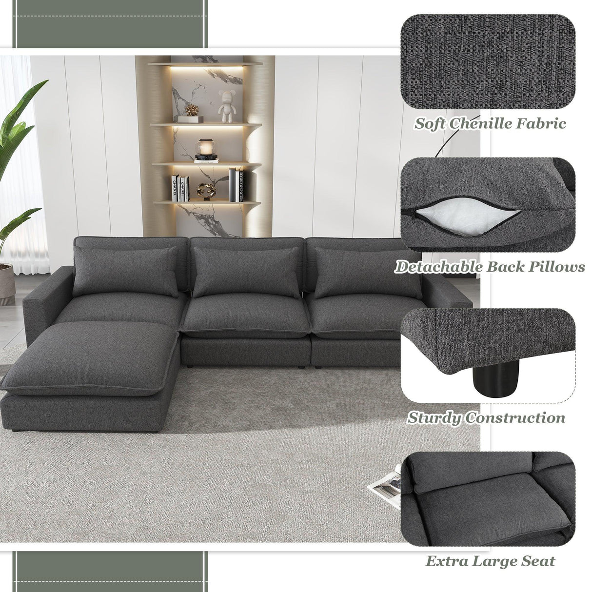 Chenille Cloud Sectional with Ottoman, Charging Ports and Three Back Pillows - Grey - Furniture Home Direct