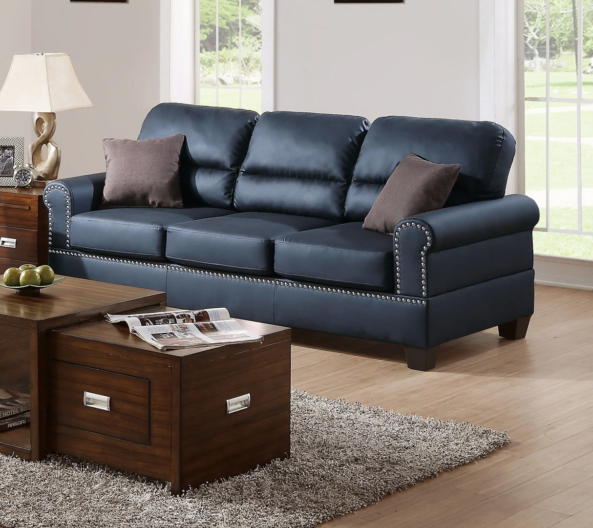 Black Bonded Leather 2 Piece living Room Set (Sofa and Love Seat) - Black - Furniture Home Direct