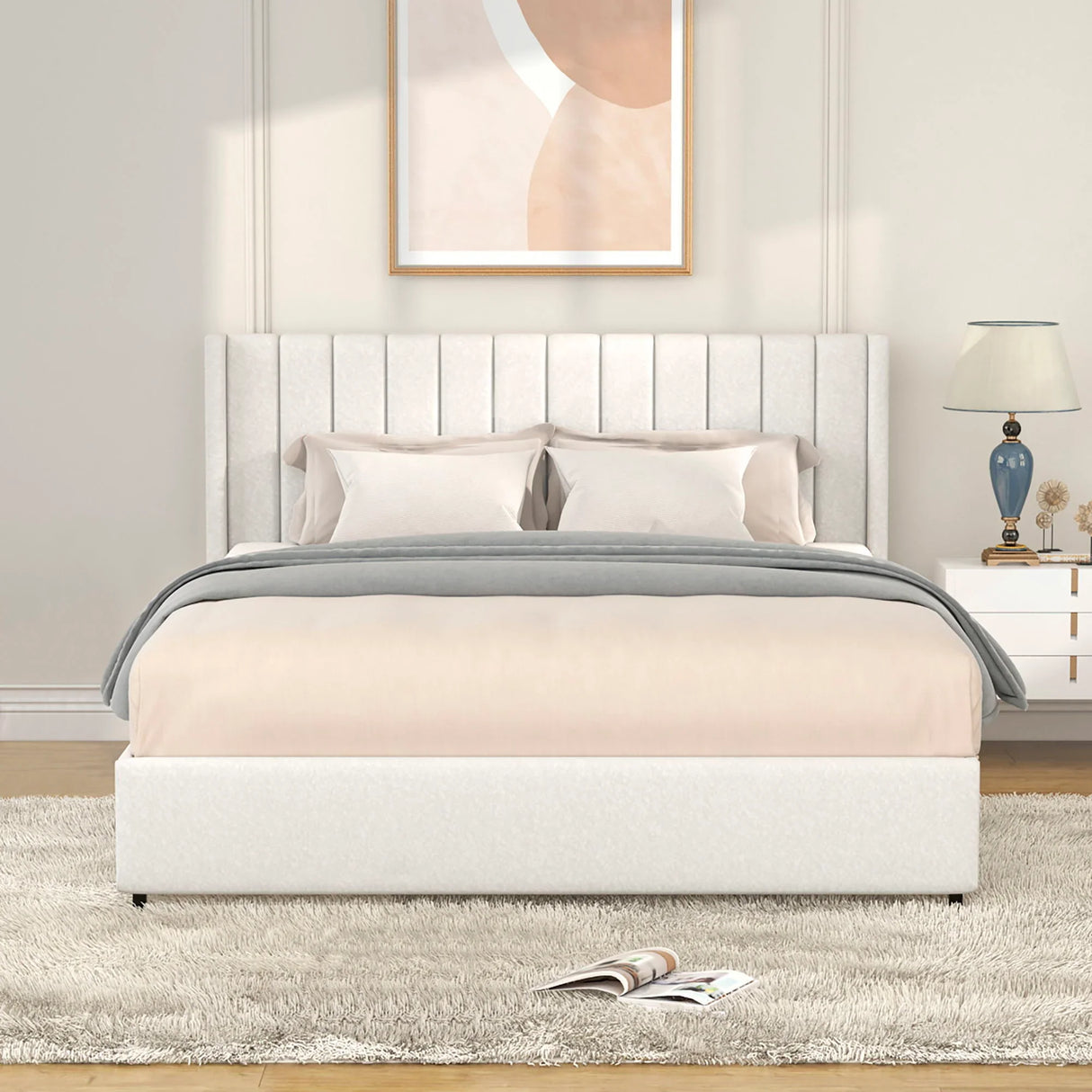 Anda - Boucle Upholstered Platform Bed With Patented Drawers Storage - Ivory - Furniture Home Direct