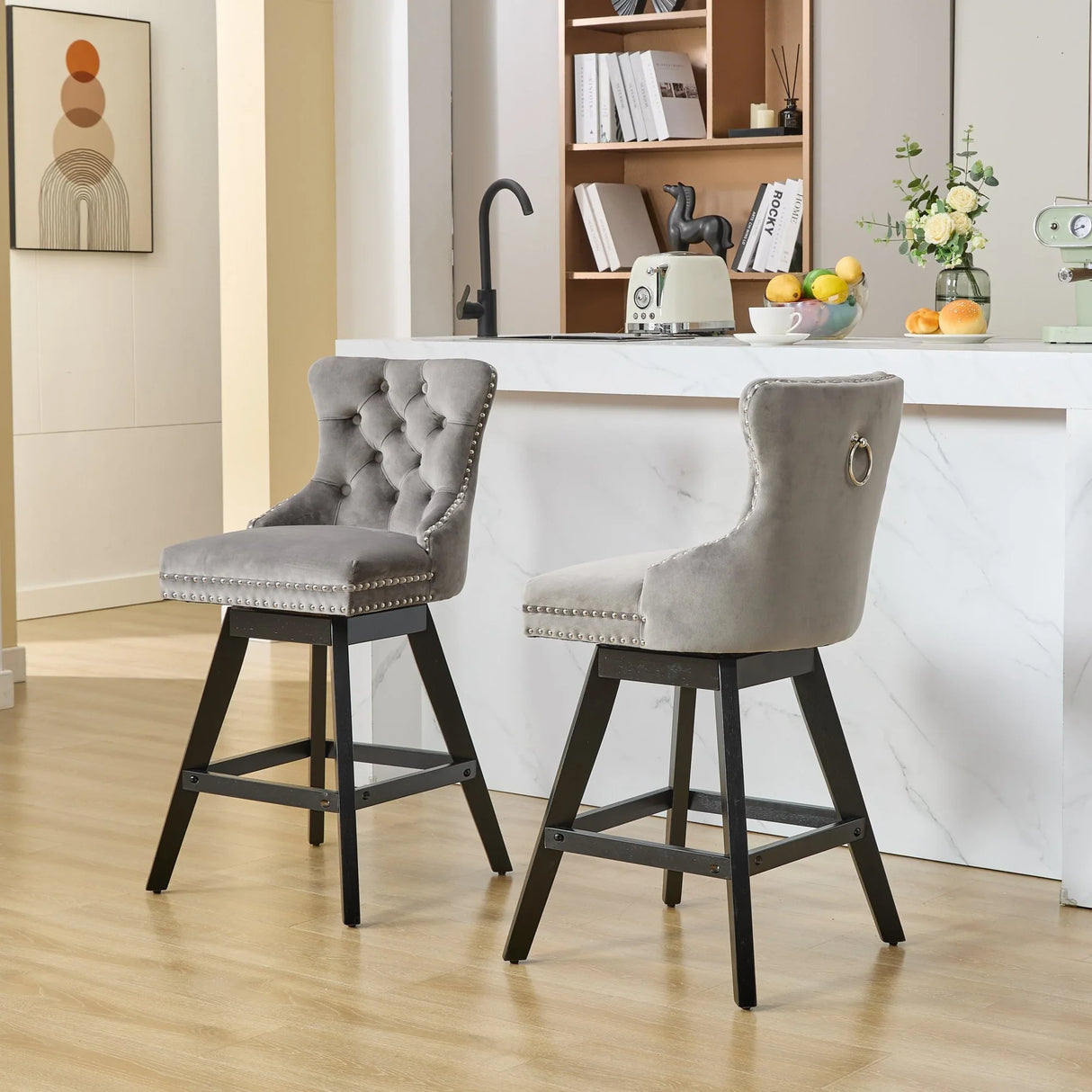 Counter Height Bar Stools Velvet Upholstery Tufted Gray - Furniture Home Direct
