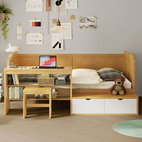 Daybed With Storage Shelves And Lockers, Multi Functional Bed With Study Desk And Matching Stool - Furniture Home Direct