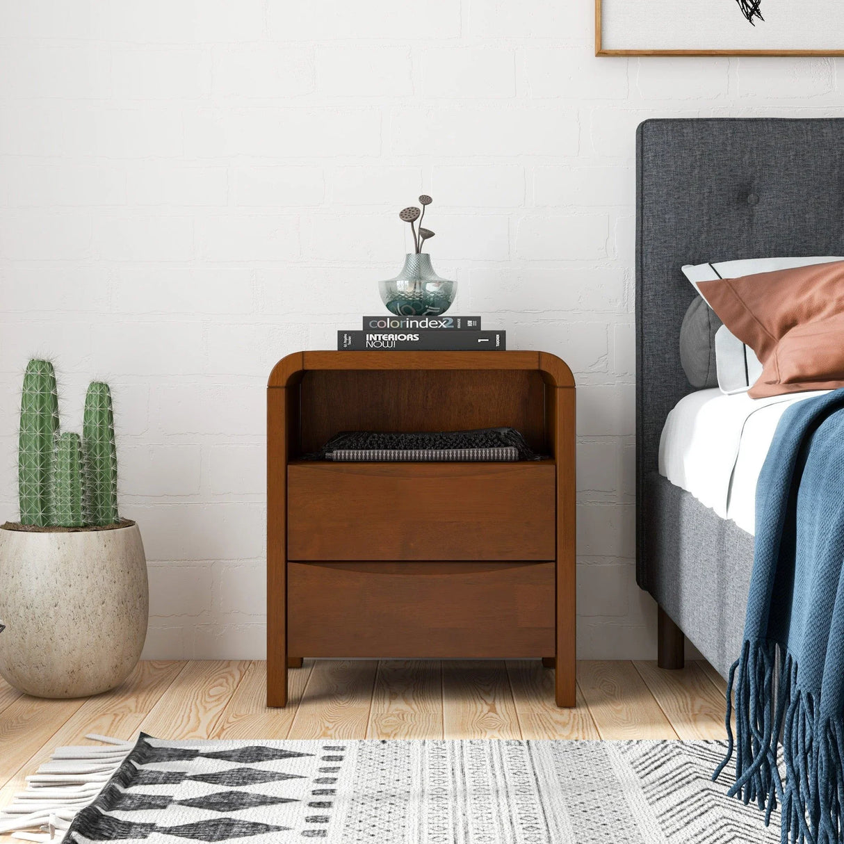 Lionel - Mid-Century Modern Nightstand 2 Drawer - Brown - Furniture Home Direct