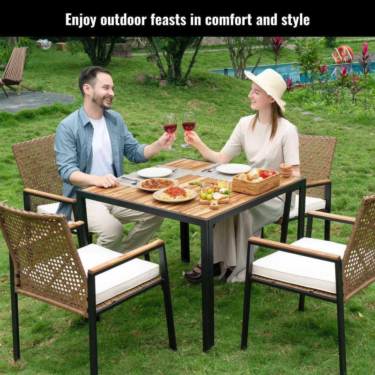 5 Piece Patio Dining Table Set, Acacia Wood Table Top With Umbrella Hole - Furniture Home Direct