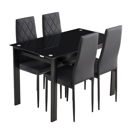 Modern 5 Piece Dining Table Set With Glass Top And Chairs - Black - Furniture Home Direct