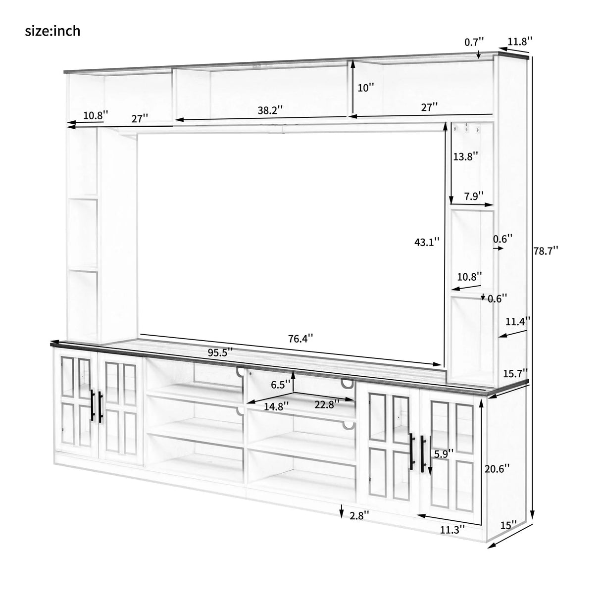 Wall Unit Entertainment Center With Bookshelves For TVs Up To 80", Tempered Glass Doors And Adjustable Shelves - Furniture Home Direct