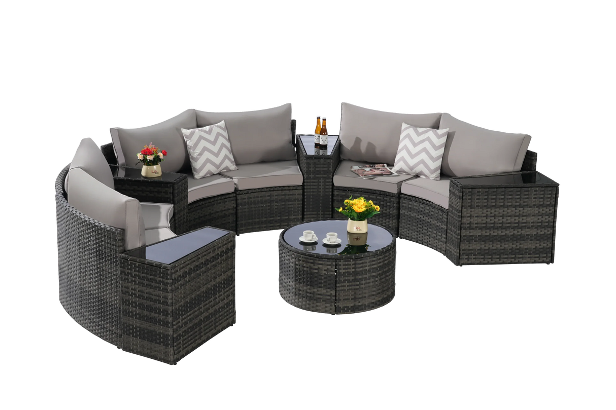 11 Piece Patio Set With Tempered Glass Round Coffee Table - Furniture Home Direct