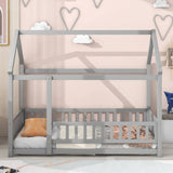 Floor Wooden Bed With House Roof Frame, Fence Guardrails - Furniture Home Direct
