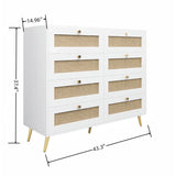 8 Drawers Chest Of Drawers With Rattan Drawer Face Golden Legs And Handles - White - Furniture Home Direct