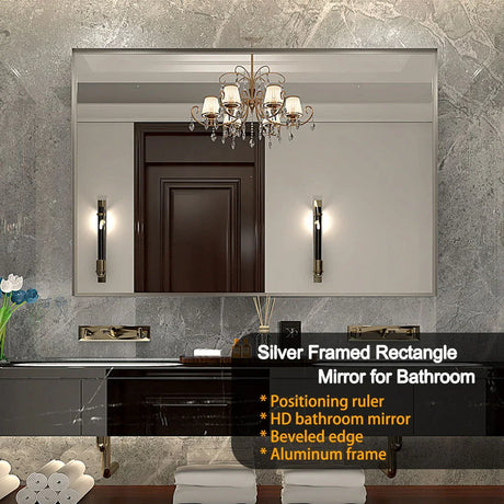 48X30" Wall Mounted Bevel Wall Mirror For Bathroom Silver Metal Frame Decorative Rectangular Home Decor Corner Hangs Farmhouse Mirror (Horizontal & Vertical) - Silver - Furniture Home Direct