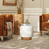 Tilly - Round Fur Upholstered / Burl Pouf Ottoman - White - Furniture Home Direct