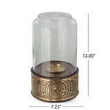 Boho Handcrafted Mango Wood Hurricane Candle Holder With Tempered Glass And Metal Accents - Brown
