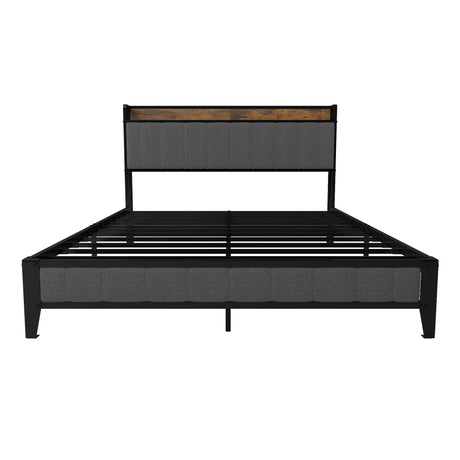 Bed With Charging Station, American Design Upholstered Headboard, Metal Platform - Furniture Home Direct