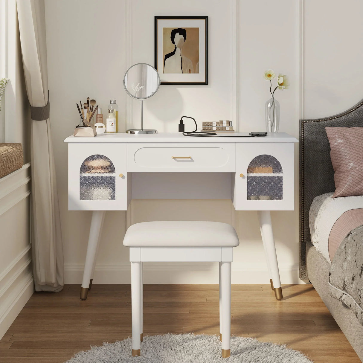 Elegant Vanity Makeup Table & Chair Set Modern Dressing Table With Organizer Writing Desk Charging Port Engineered Wood - White - Furniture Home Direct