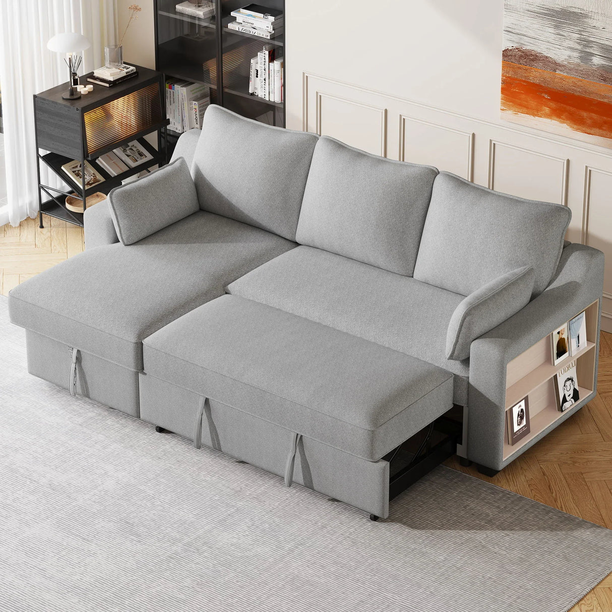 Pull Out Sleeper Sofa L-Shaped Couch Convertible Sofa Bed With Storage Chaise, Storage Racks And USB Ports - Furniture Home Direct