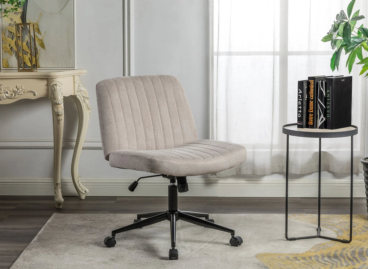 Cross Legged Office Chair, Wide Comfty Desk Chair, Vanity Home Chair, Armless Computer Task Chair With Wheels, Swivel And Height Adjustable - Beige - Furniture Home Direct