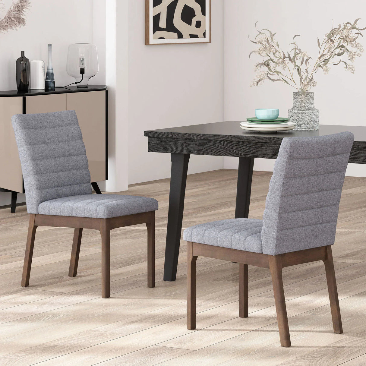 Mid Century Modern Dining Chair (Set of 2) With Channel Stitching - Dark Gray