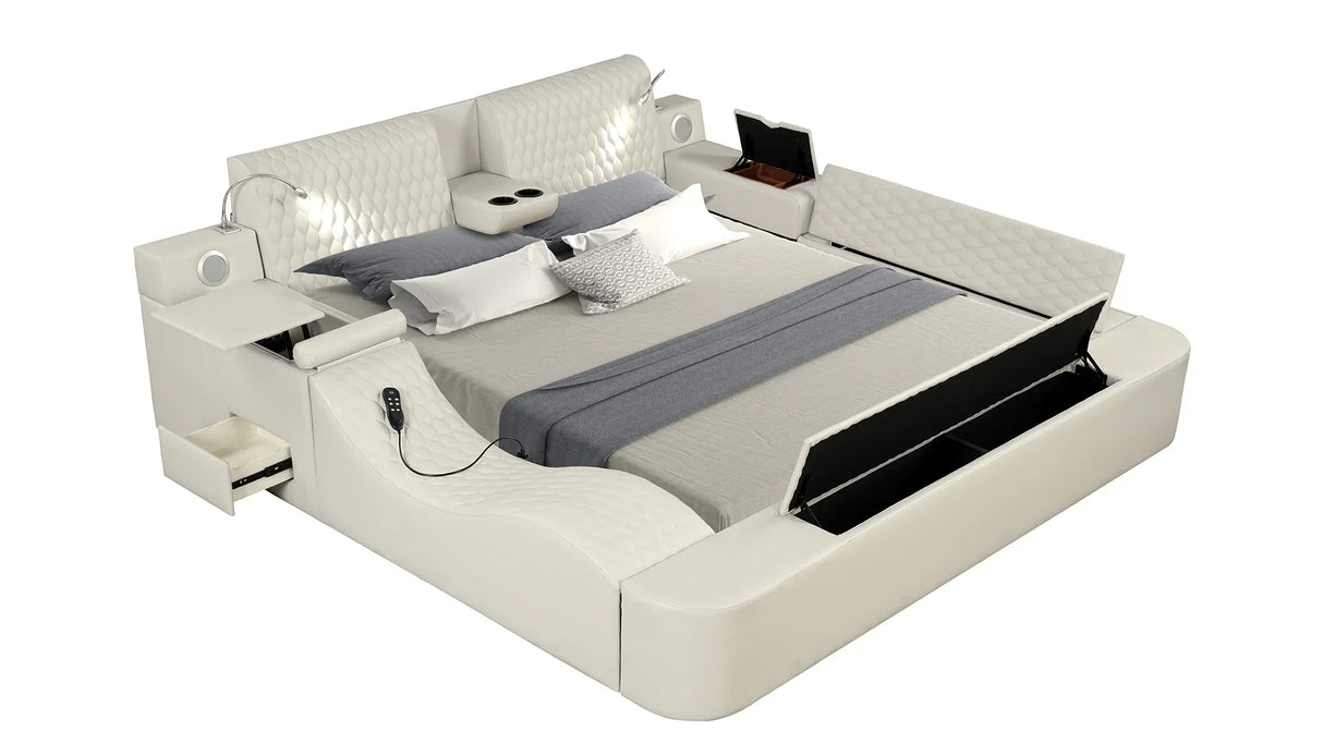 Queen Bed Upholstered Platform with Built in Lighting Beige - Furniture Home Direct