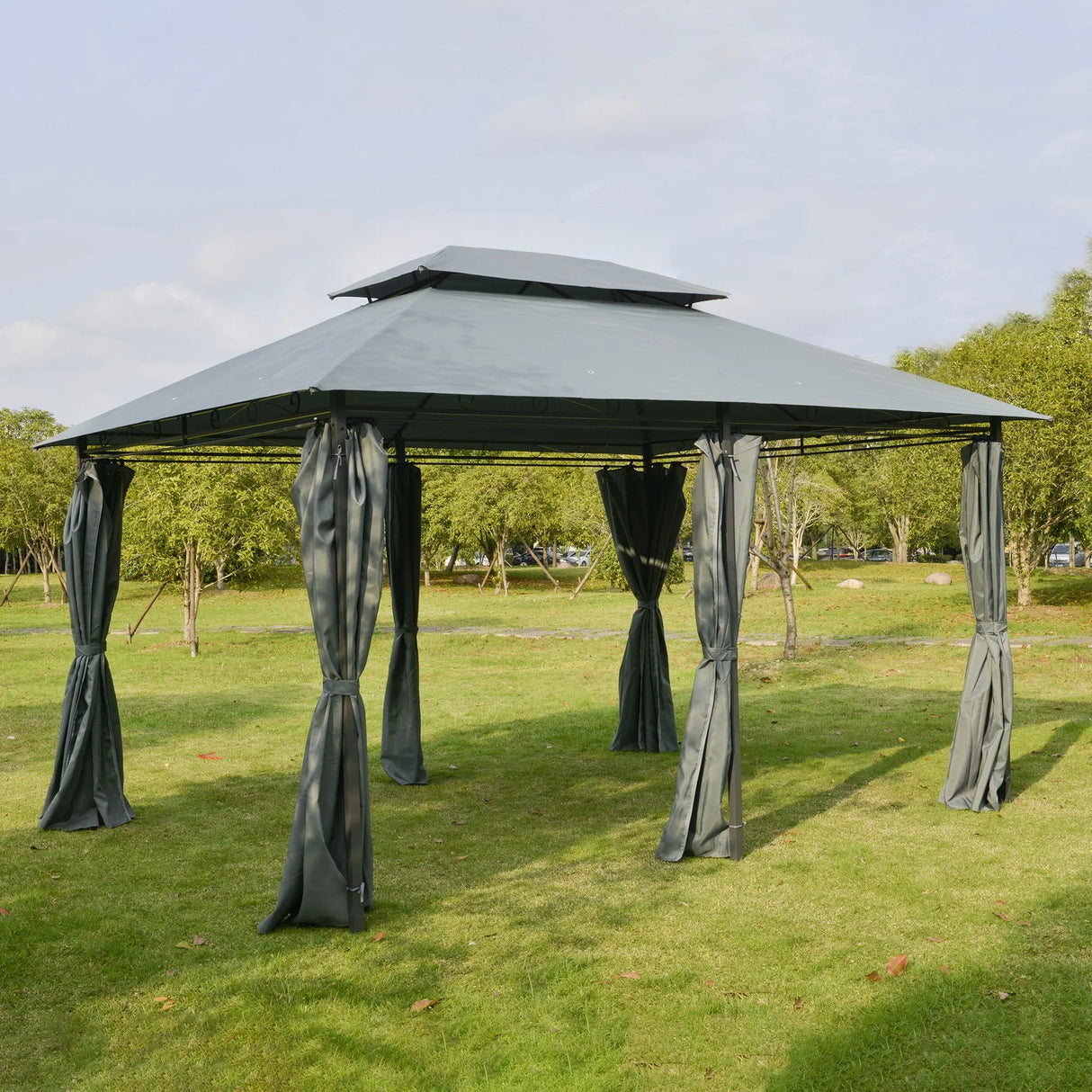 Outsunny - Patio Gazebo, Outdoor Gazebo Canopy Shelter With Curtains, Vented Roof, Steel Frame For Garden, Lawn, Backyard And Deck, - Sage Gray - Furniture Home Direct