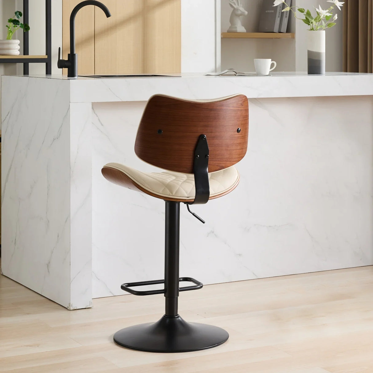Counter Height Stool Adjustable PU Leather Swivel Beige - Furniture Home Direct