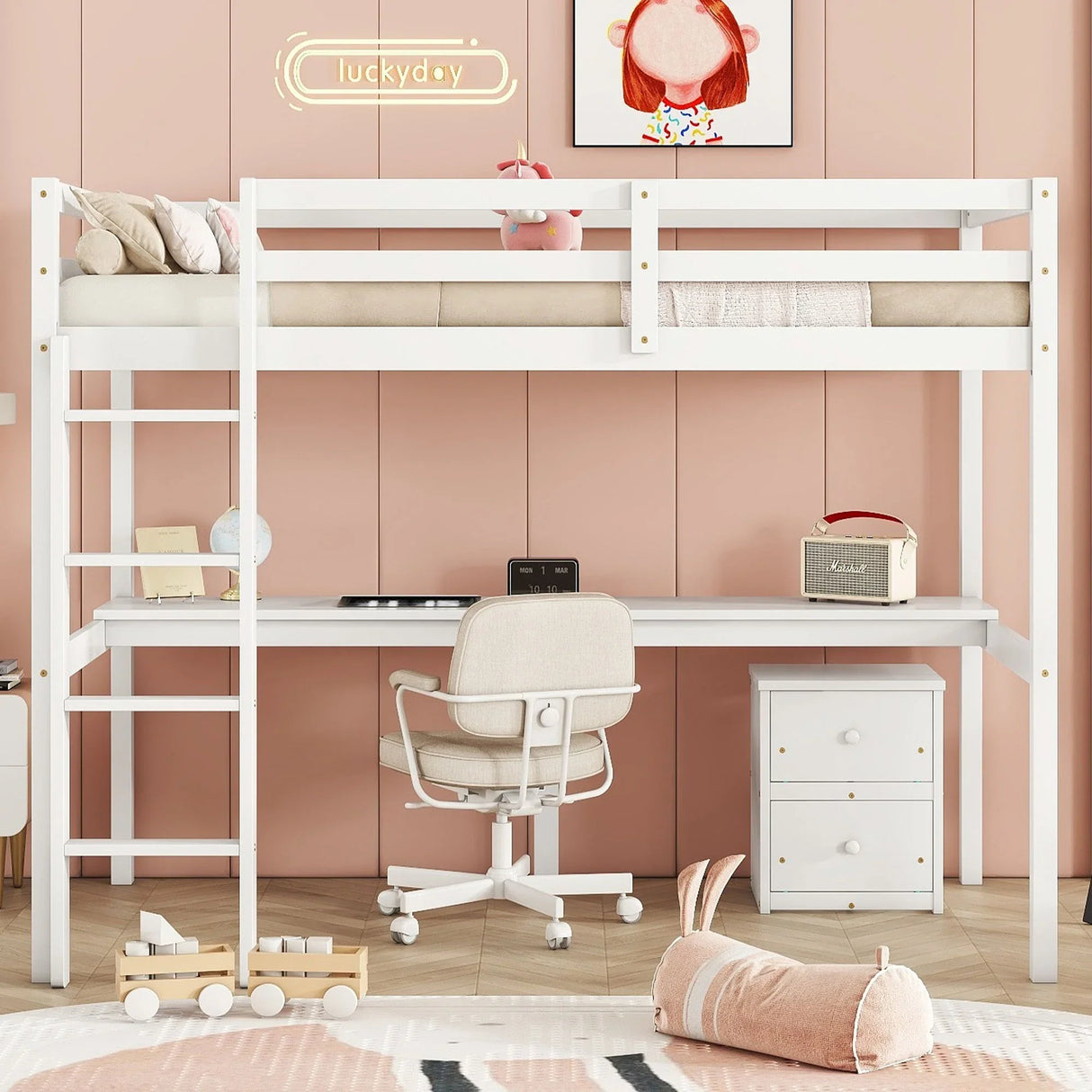 Loft Wood Bed With Under-Bed, Built-In Desk, A Storage Cabinet Of 2 Drawers, Guardrails, Ladder - Furniture Home Direct
