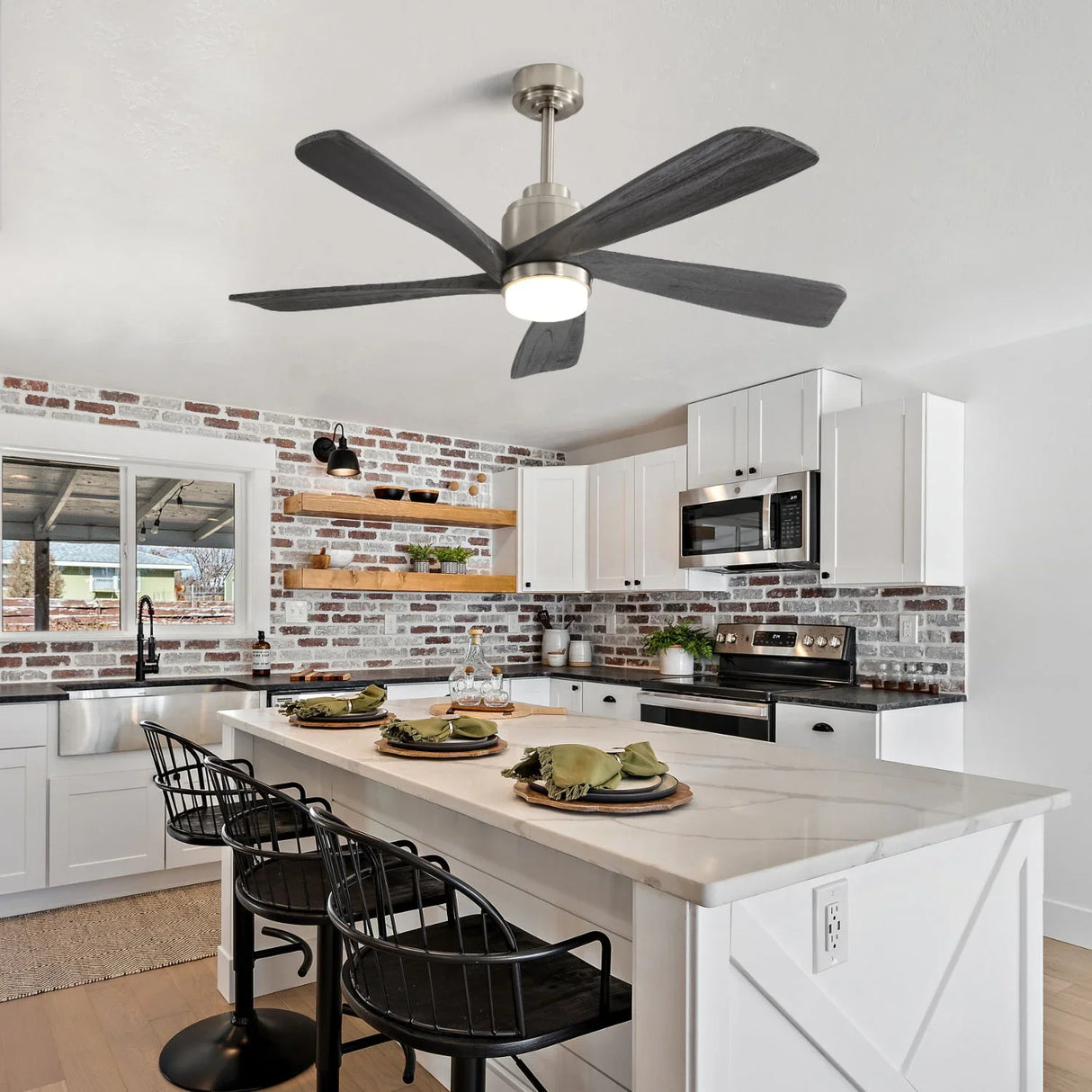 Modern Ceiling Fan With Dimmable LED Light 5 Solid Wood Blades Remote Control Reversible Dc Motor With Smart App Control - Nickel - Furniture Home Direct