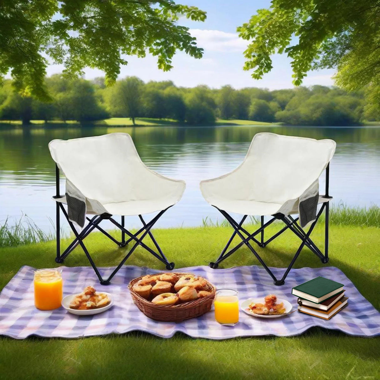 2 Pieces Outdoor Camping Chairs Folding / Portable, Comfortable Seating, Durable Steel Fram - Furniture Home Direct
