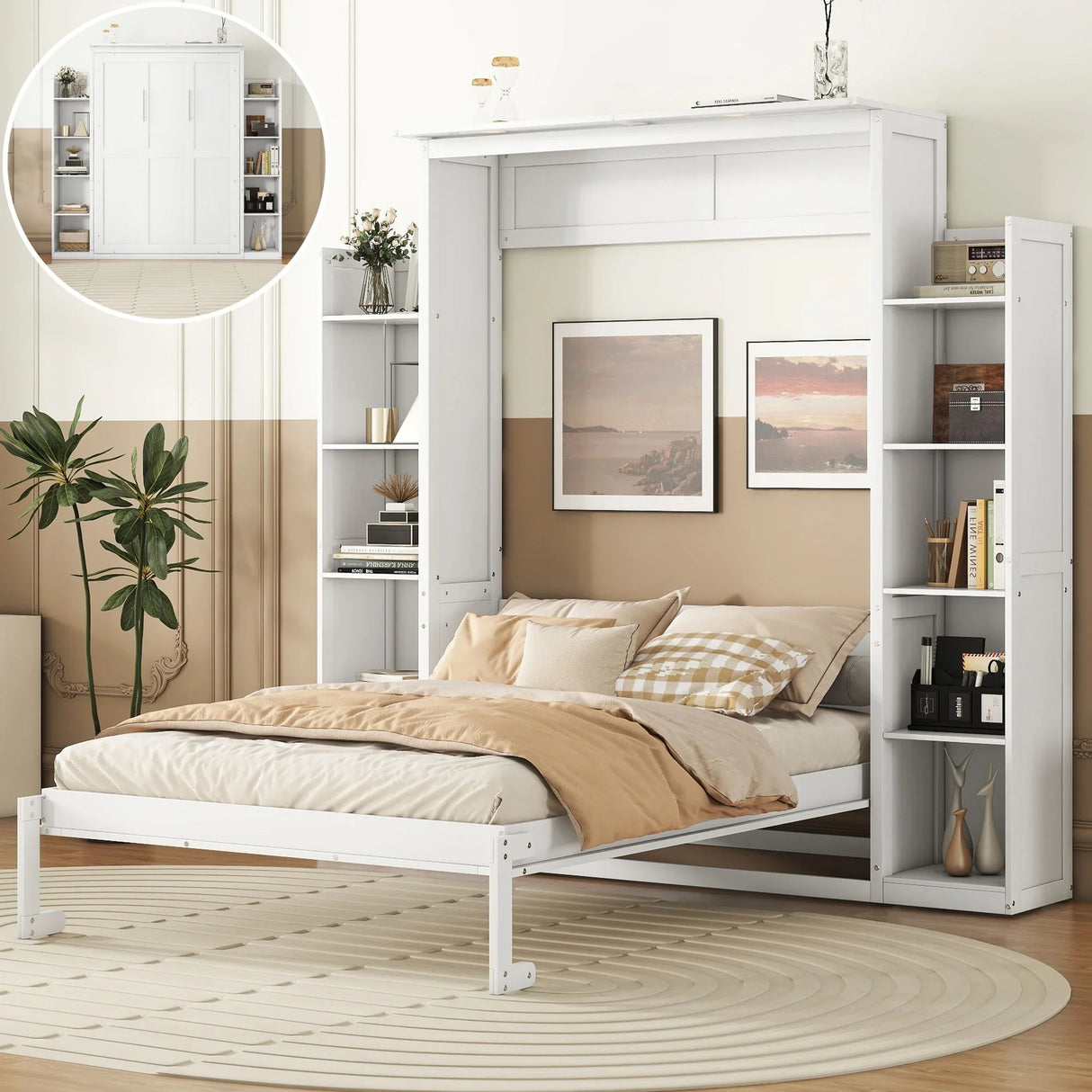 Wall Murphy Bed With Shelves And LED Lights - Furniture Home Direct