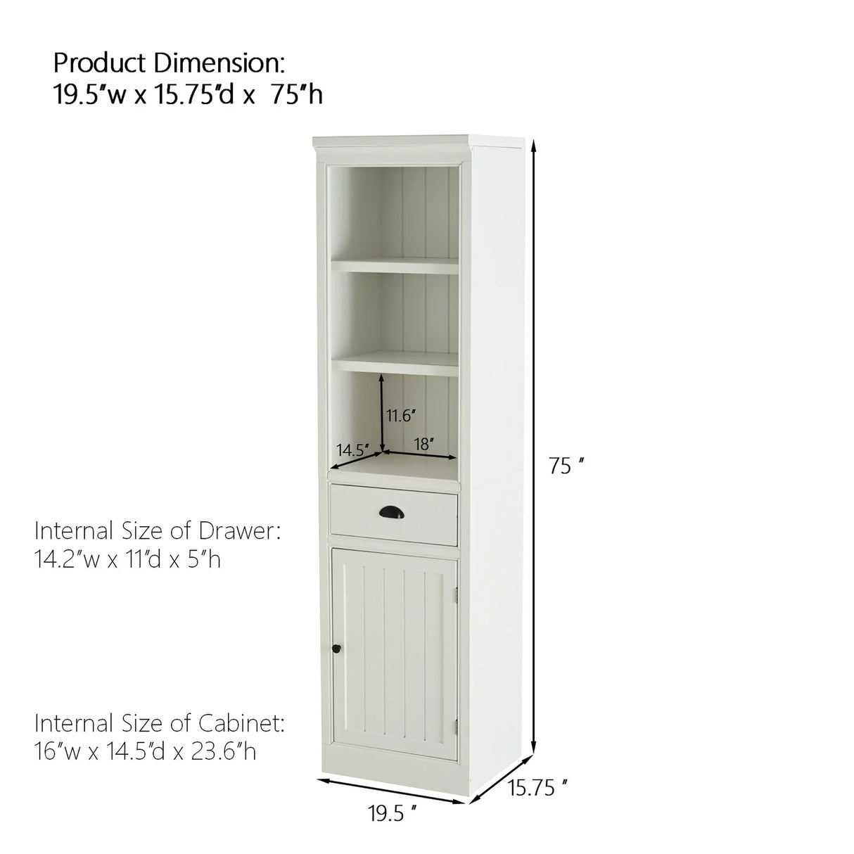 Retro Style 75'' Tall Display Shelf With Cabinet For Hallways Living Room Kitchen - White - Furniture Home Direct