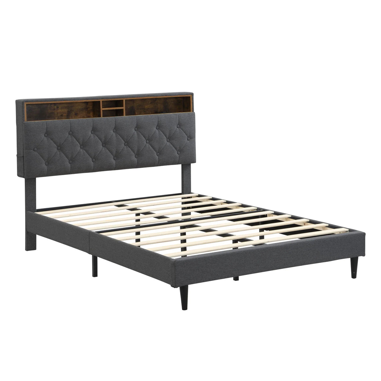 Modern Upholstered Platform Bed Frame With Button Tufted Headboard And USB Ports - Furniture Home Direct