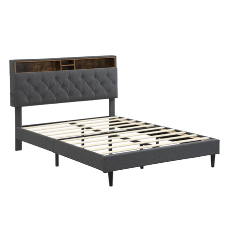 Modern Upholstered Platform Bed Frame With Button Tufted Headboard And USB Ports - Furniture Home Direct