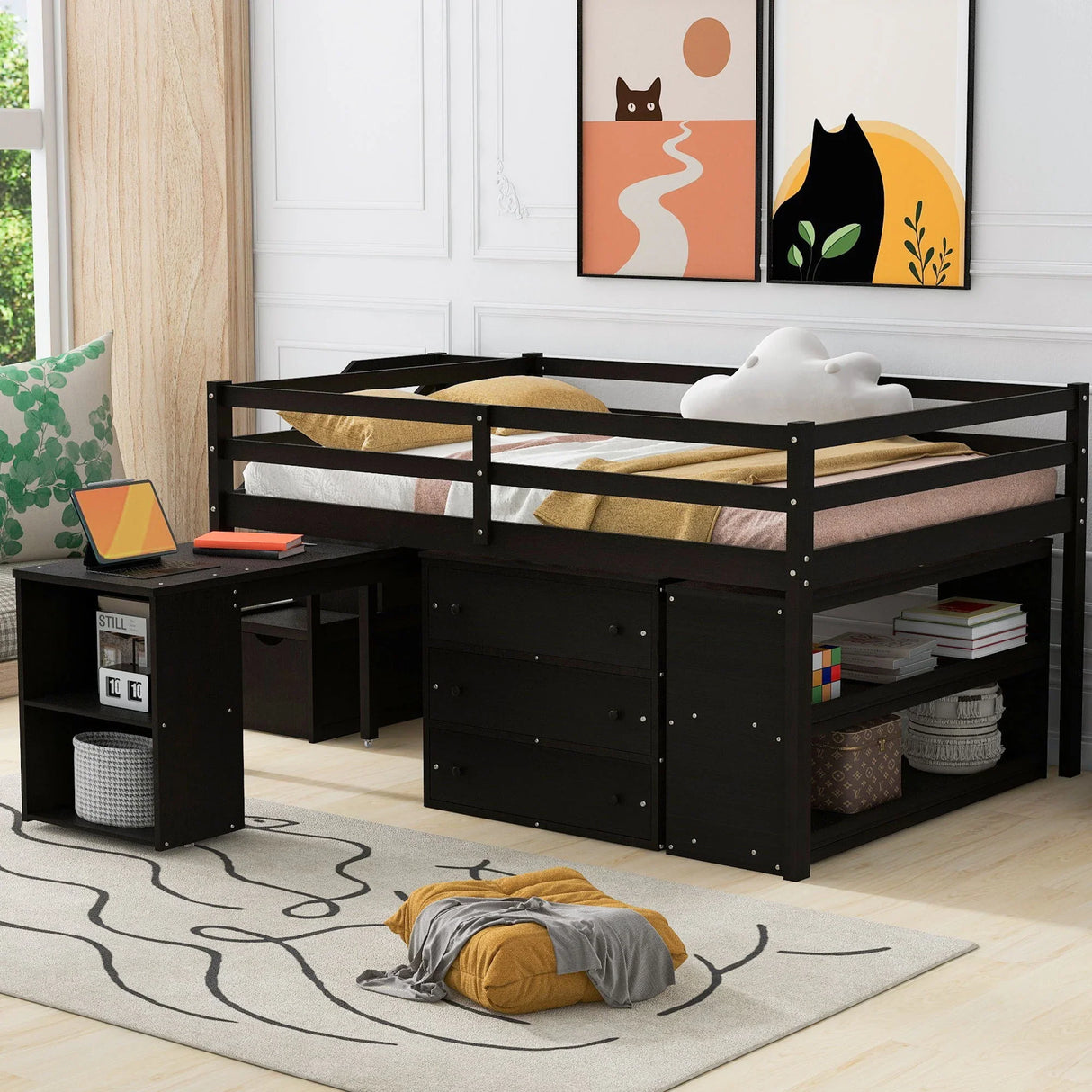 Loft Bed With Retractable Writing Desk And 3 Drawers With Storage Stairs And Shelves - Furniture Home Direct