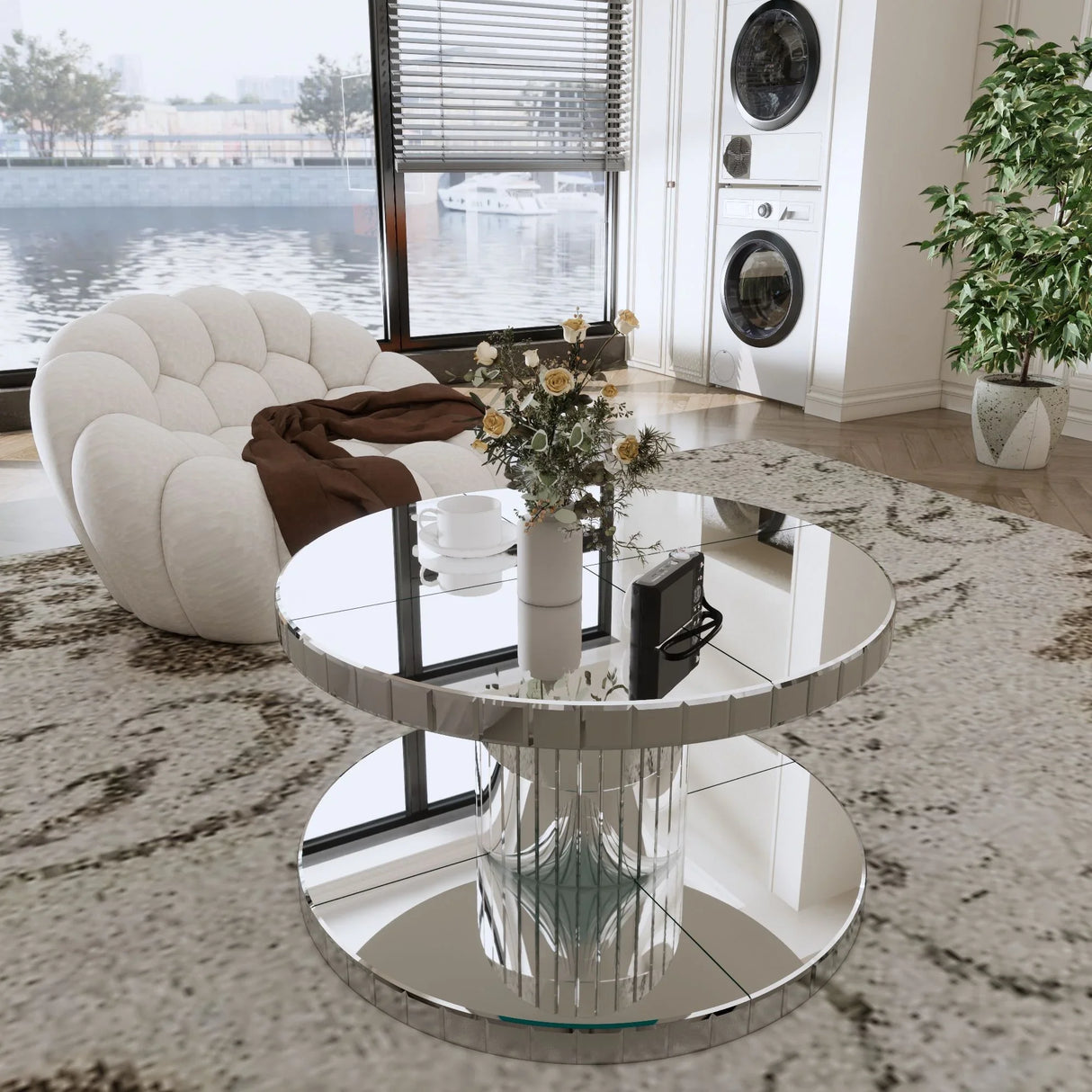 Luxury Double Tier Round Mirror Coffee & End Table With Fluted Glass Modern Sofa Side Table - Silver / Glass - Furniture Home Direct