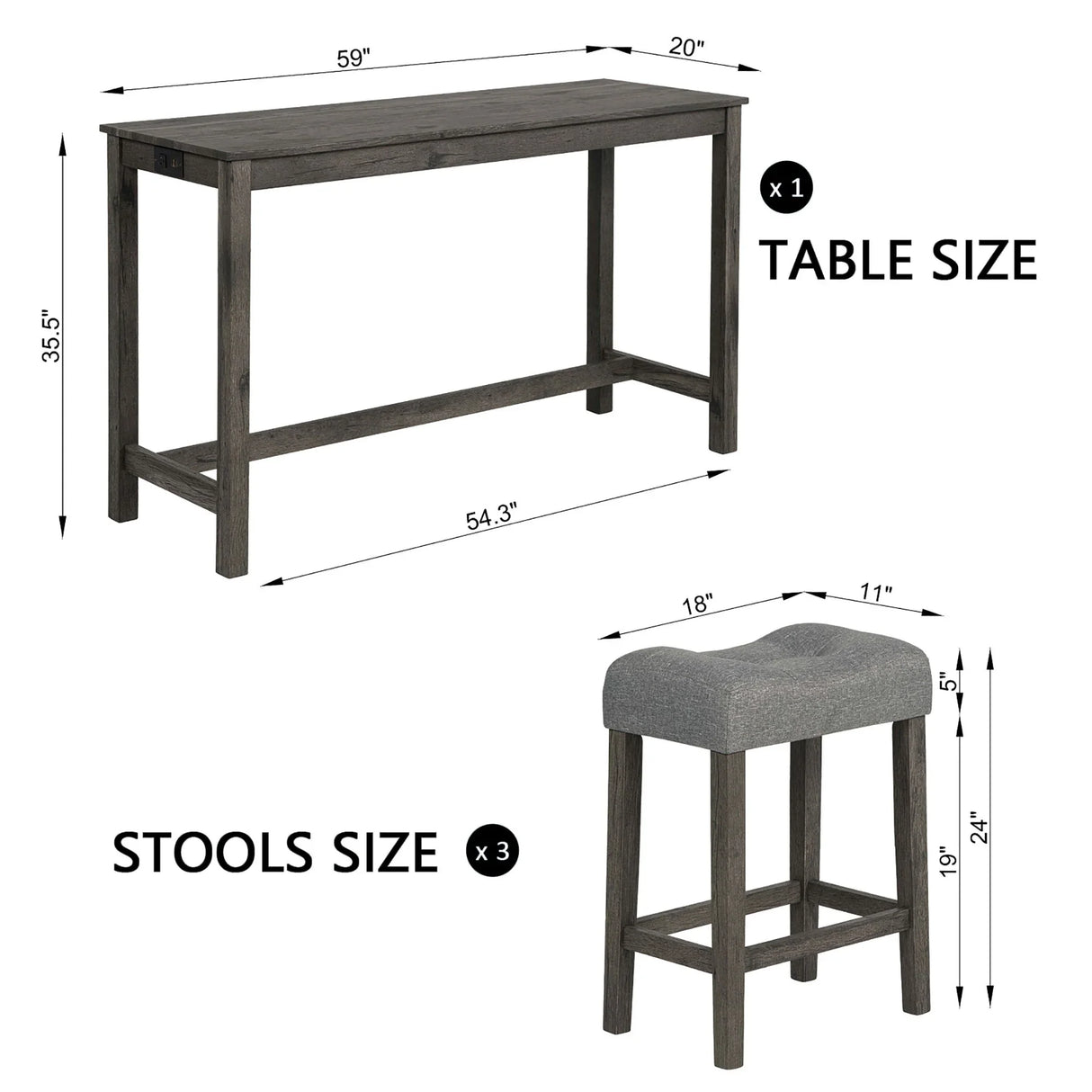 4 Piece Bar Table Set With Power Outlet, 3 Padded Stools - Furniture Home Direct