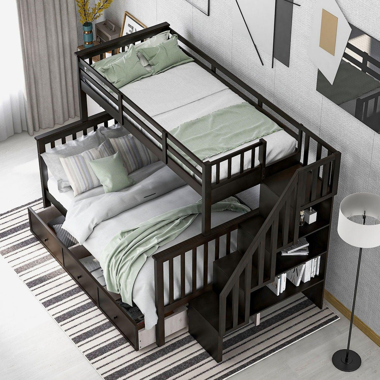 Stairway Bunk Bed With Storage And Guard Rail For Bedroom - Furniture Home Direct