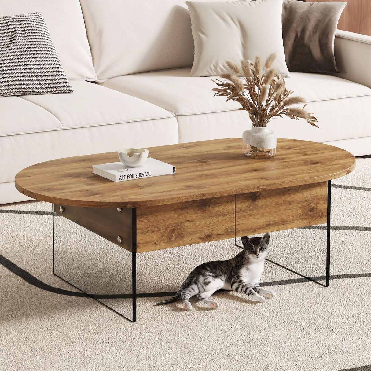 Oblong Coffee Table With Double Drawers And Transparent Glass Legs - Furniture Home Direct
