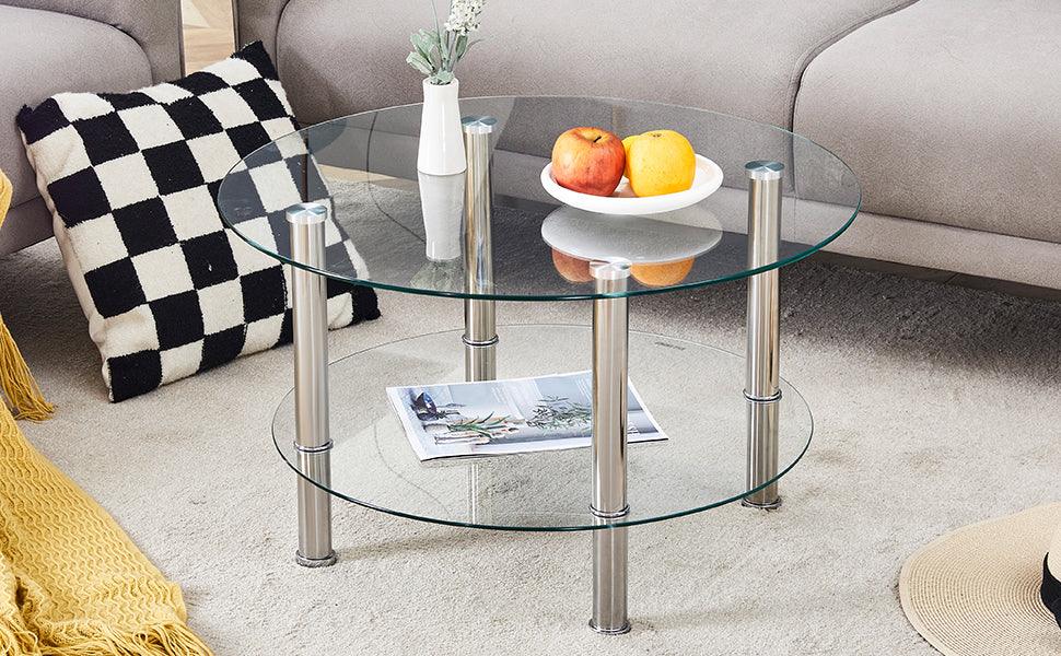 Coffee Table Two Tier Glass Top Polished Metal Legs Silver - Furniture Home Direct