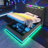 Twin Upholstered Bed 360 Surround LED Lighting USB C Gray - Furniture Home Direct