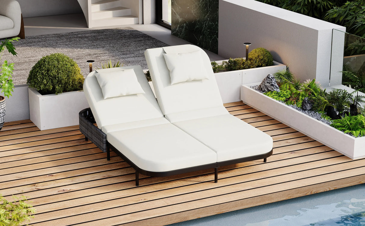 Outdoor Wicker Double Chaise (Black Frame+Beige Cushion) - Furniture Home Direct