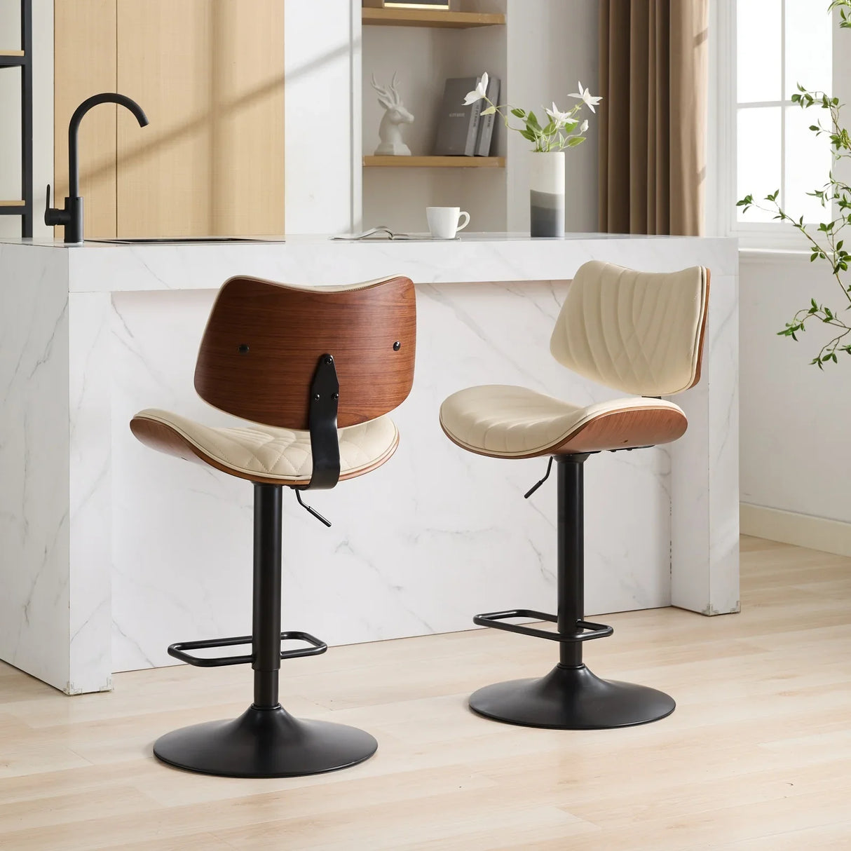 Counter Height Stool Adjustable PU Leather Swivel Beige - Furniture Home Direct