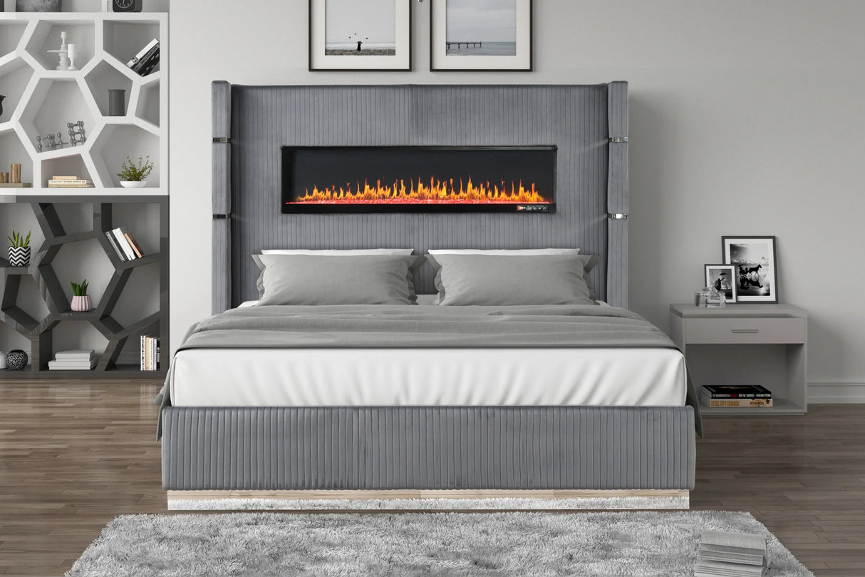 Queen Bed Upholstered With Fireplace LED Velvet Gray - Furniture Home Direct