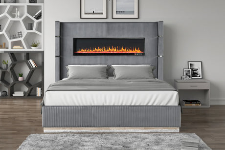 Queen Bed Upholstered With Fireplace LED Velvet Gray - Furniture Home Direct