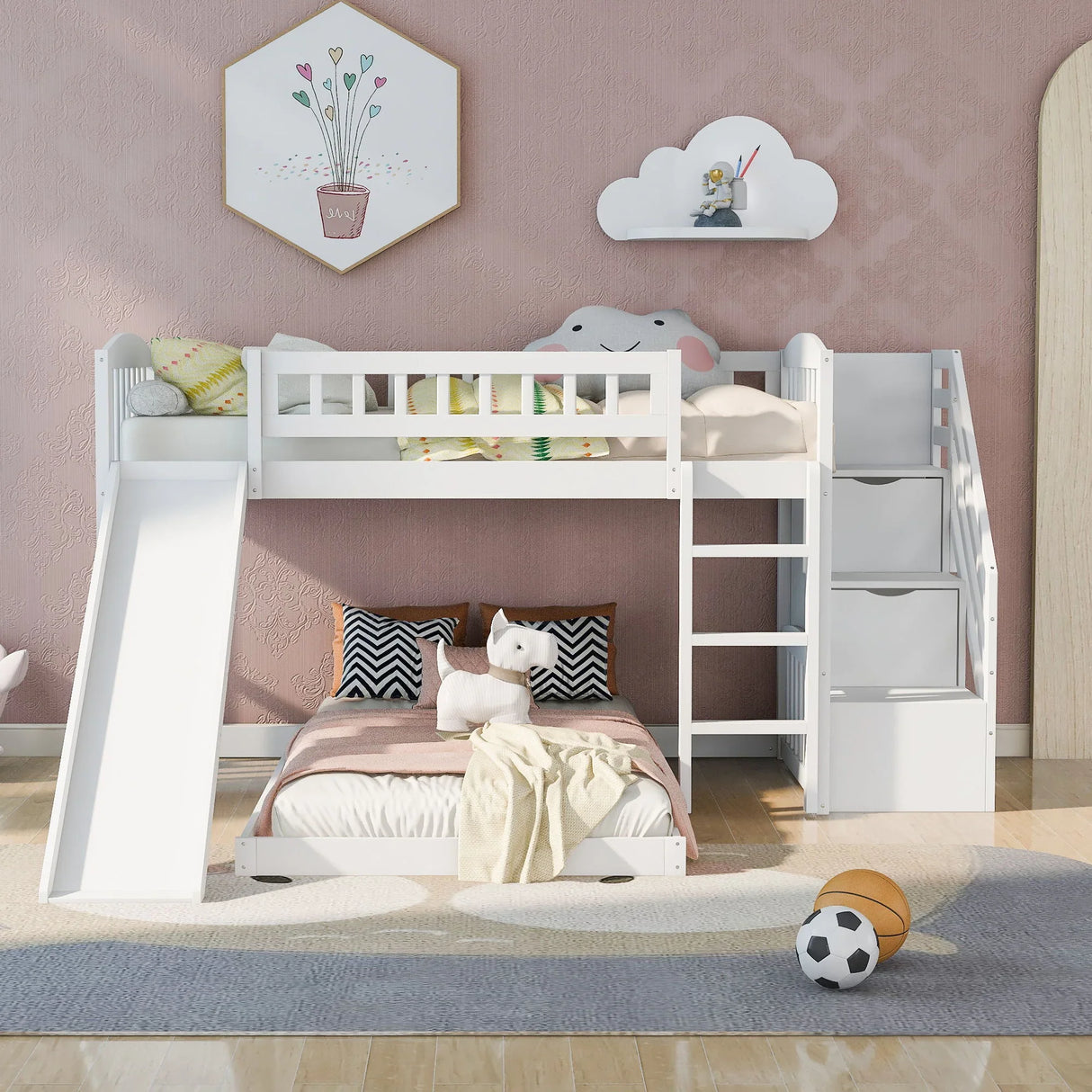 Twin Over Twin Stairway Bunk Bed With Two Drawers And Slide - Furniture Home Direct