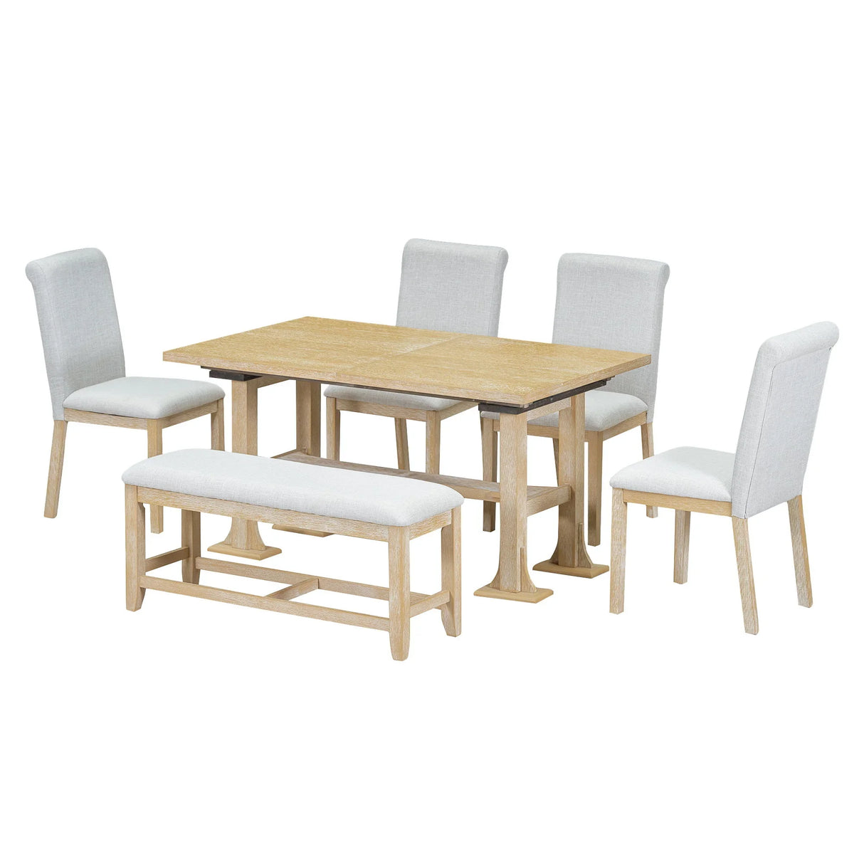 Topmax - 6 Piece Farmhouse Extendable Dining Table Set Trestle Kitchen Table Set With Removable Leaf And Upholstered Dining Chair And Bench For Dining Room - Furniture Home Direct