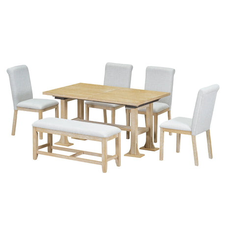 Topmax - 6 Piece Farmhouse Extendable Dining Table Set Trestle Kitchen Table Set With Removable Leaf And Upholstered Dining Chair And Bench For Dining Room - Furniture Home Direct
